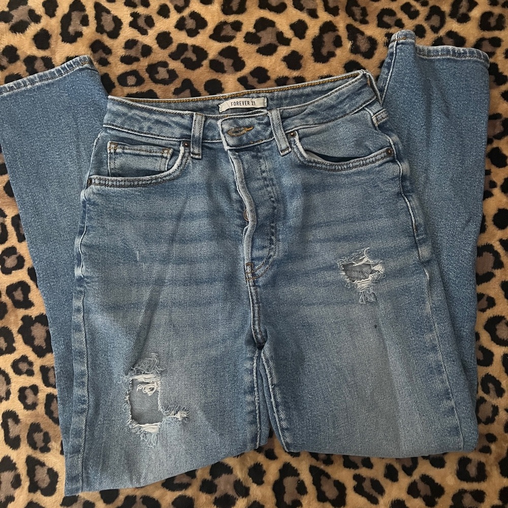Forever 21 Blue Straight Leg Jeans with Distressed Details